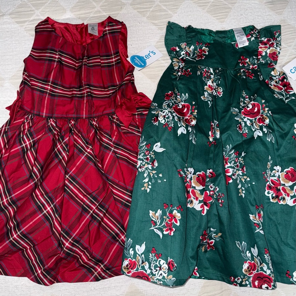 Carter's Festive Red Plaid and Green Floral Dresses